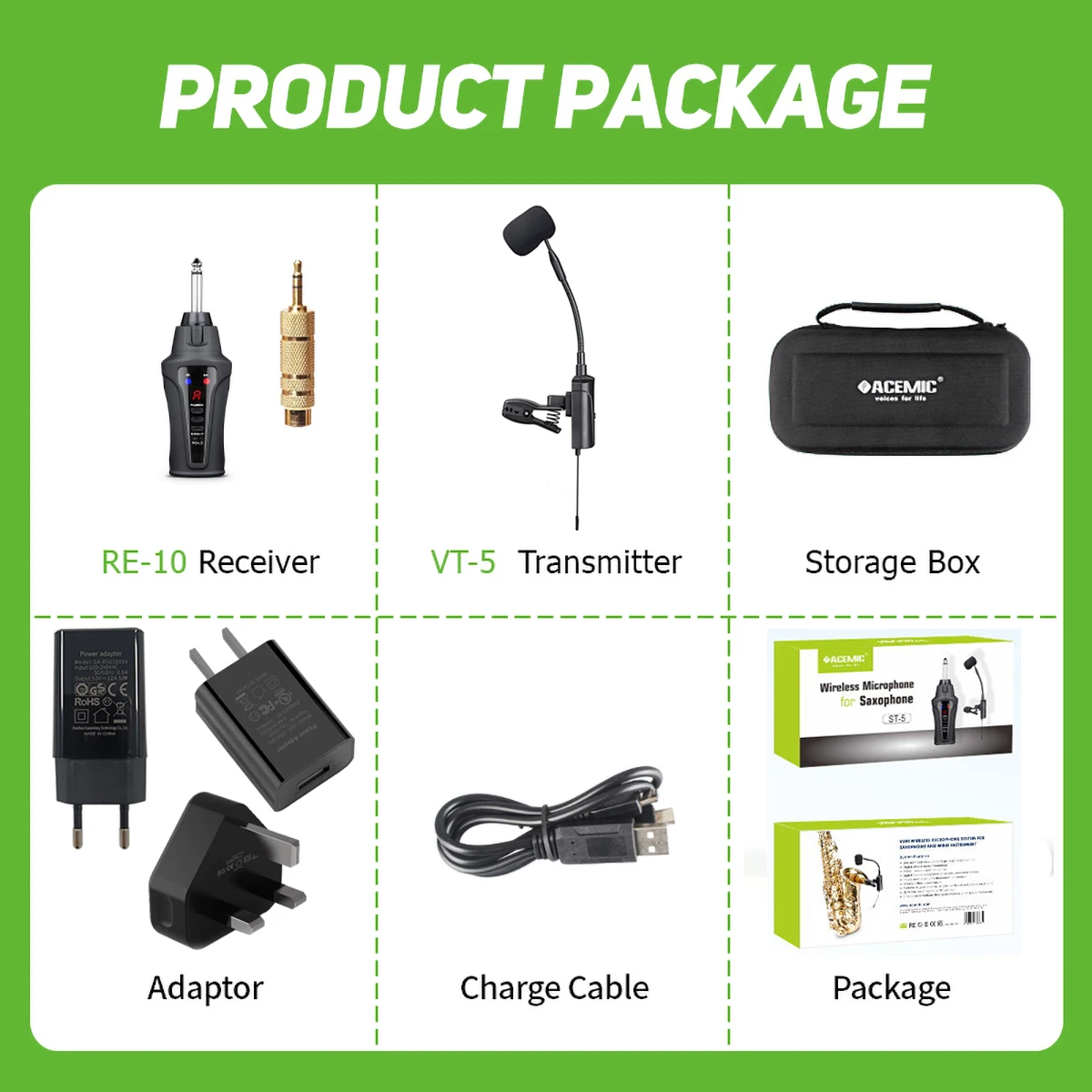 Acemic ST-5 무선 색소폰 마이크 시스템, 색소폰 연주자용 UHF 콘덴서 마이크, 녹음 및 무대 공연용