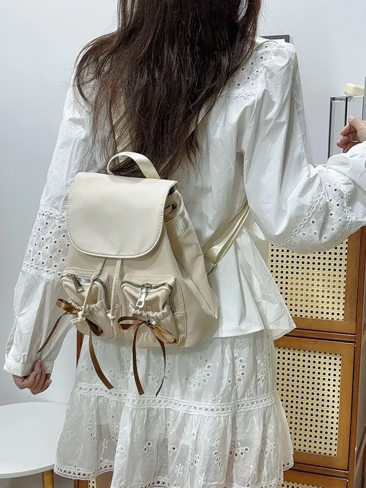 Pocket Bow 2024 Preppy Style Nylon Drawstring Fashion Trendy Handbag Backpack Casual Versatile Backpack Y2k Schoolbag