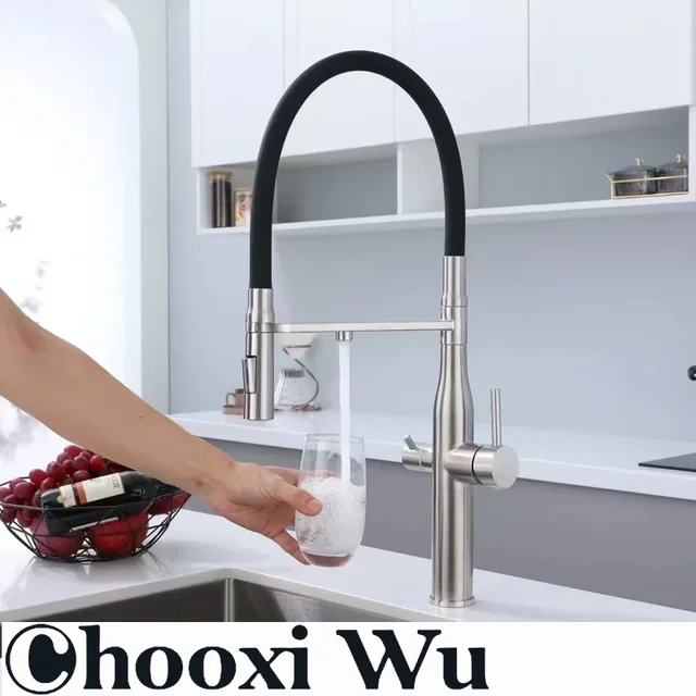 CHOOXIWU - กรองน้ําก๊อกน้ําห้องครัวสีดําดึงลงยืดหยุ่น Sprayer ทองเหลือง 360 หมุน Purification Pure Water Mixer Tap 3 Way ก๊อกน้ํา 2