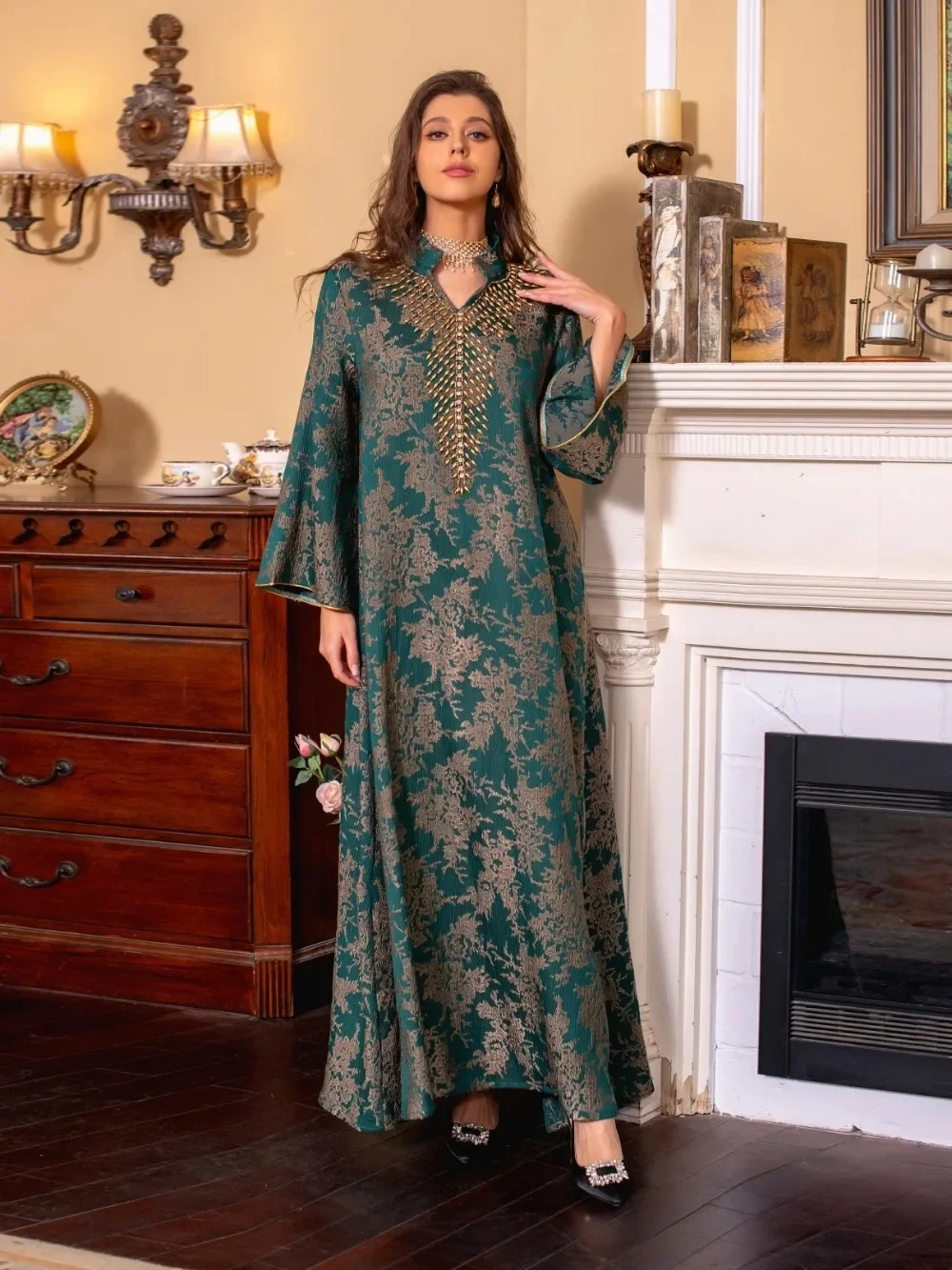Eid Abito Musulmano Per Le Donne Abaya Perline Colletto Alla Coreana Jalabiya Marocco Abiti Da Festa Abaya Caftano Abaya Abiti Abito Lungo Arabo