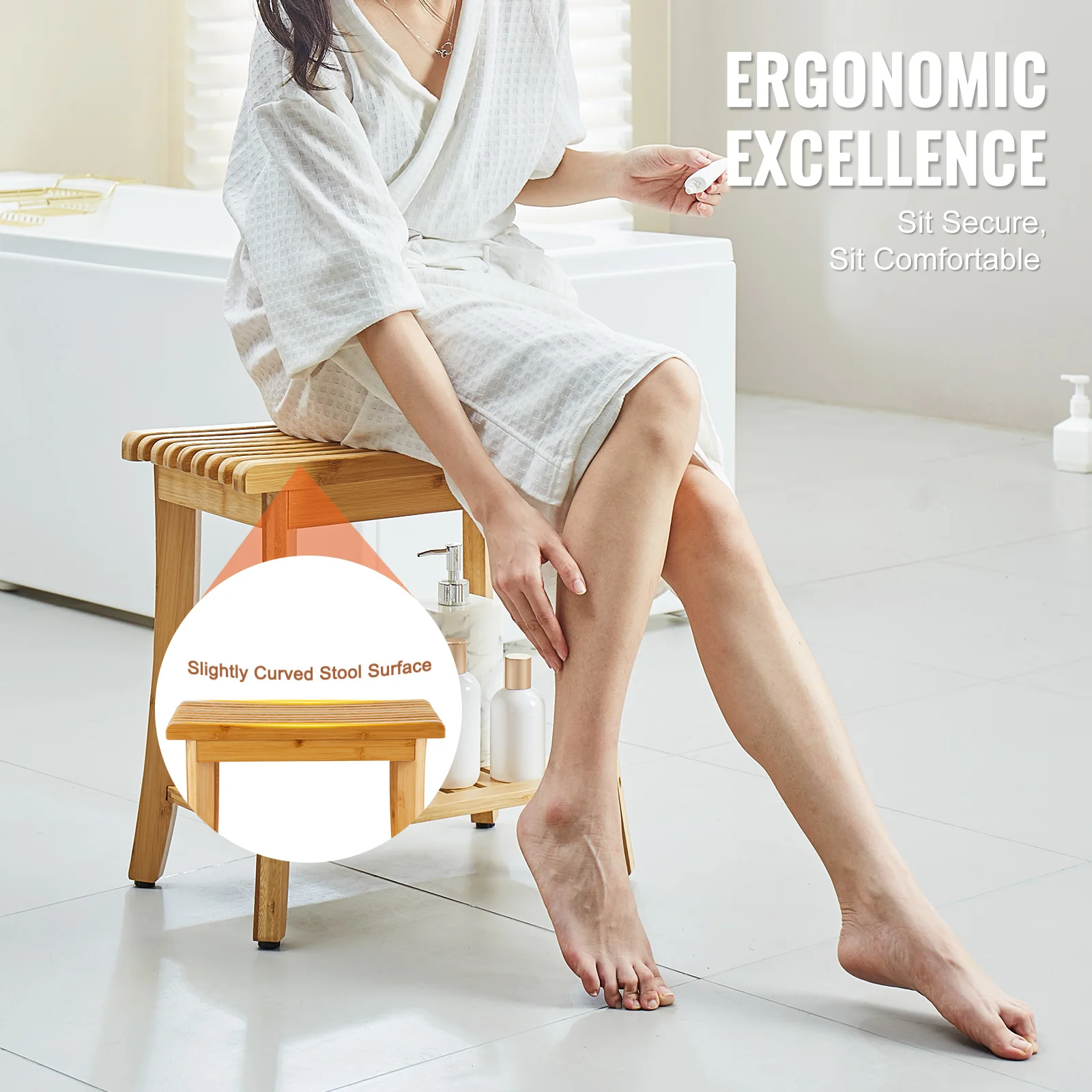 VEVOR Bamboo Shower Bench 19.1 x 11.3 x 18.3 in Waterproof Shower Stool Chair with Storage Shelf 330lbs Load Capacity Spa Seat 5