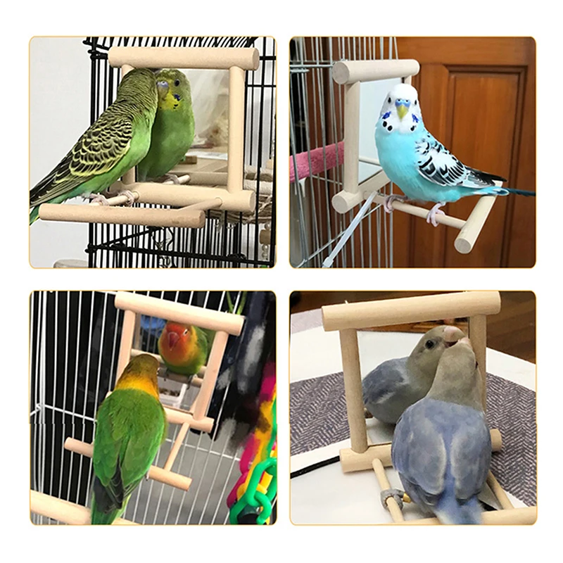 Wood Bird Mirror With Perch Stand Toy for Parrot Parakeets Cockatiels Cage Accessories
