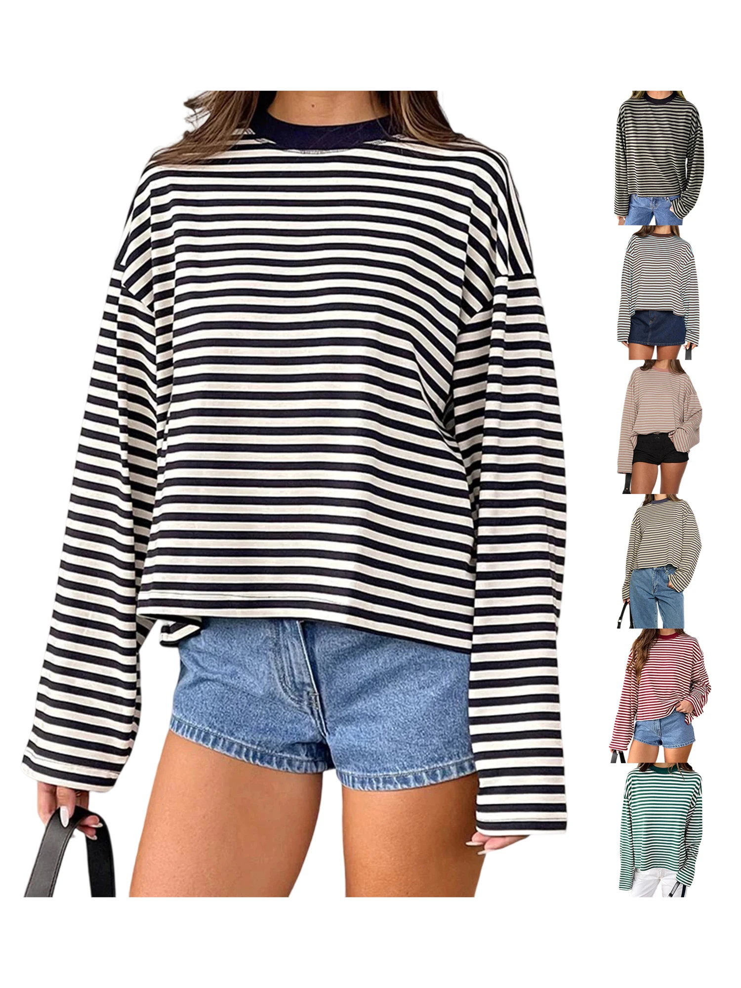 Women s Striped T-shirt Stylish Long Sleeve Crew Neck Loose Fit Top for Fall Casual Streetwear for Ladies