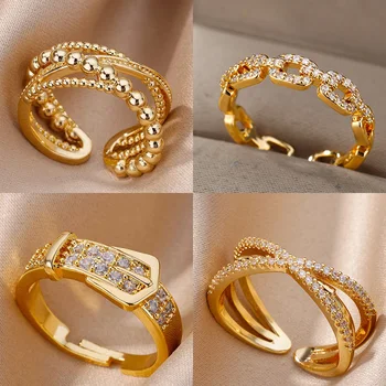Anéis de cinto de aço inoxidável para mulheres zircão cinto ajustável anel de dedo femme geométrico casamento estético jewerly presente anillos 1