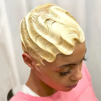 Short Blonde 613Finger Wave Texture Pixie Cut Brazilian Human Hair Wig  For Women Natural Look Short Hair Wigs Full Machine Made