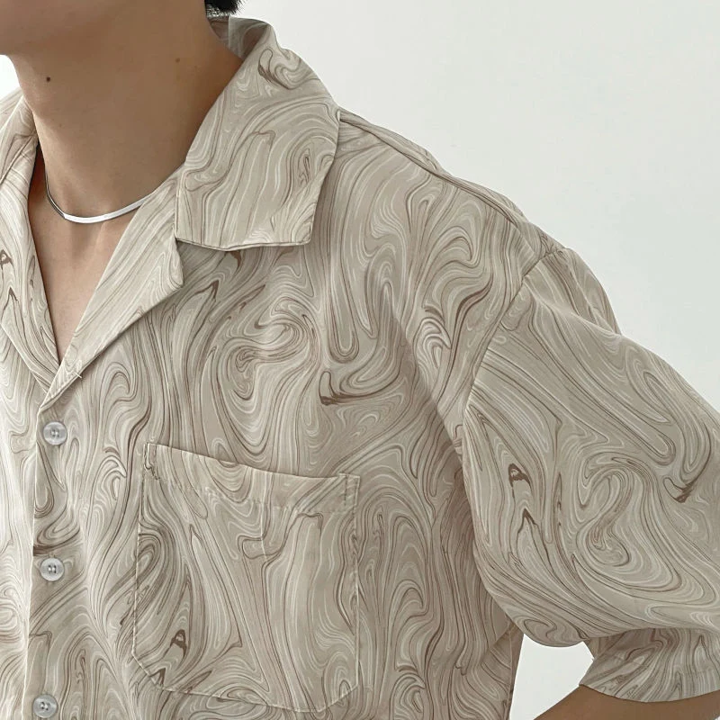 High Street Casual Wave Pattern Pocket Short Sleeve Man Shirt Summer Loose Patchwork Personality Design Temperament Handsome Top