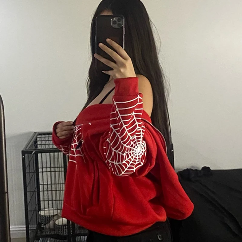 Y2K Retro American Women\'s New Loose Printing Jacket Tide Red Spider Long Sleeve Zip Up Gothic Punk Fashion Casual Sweatshirts