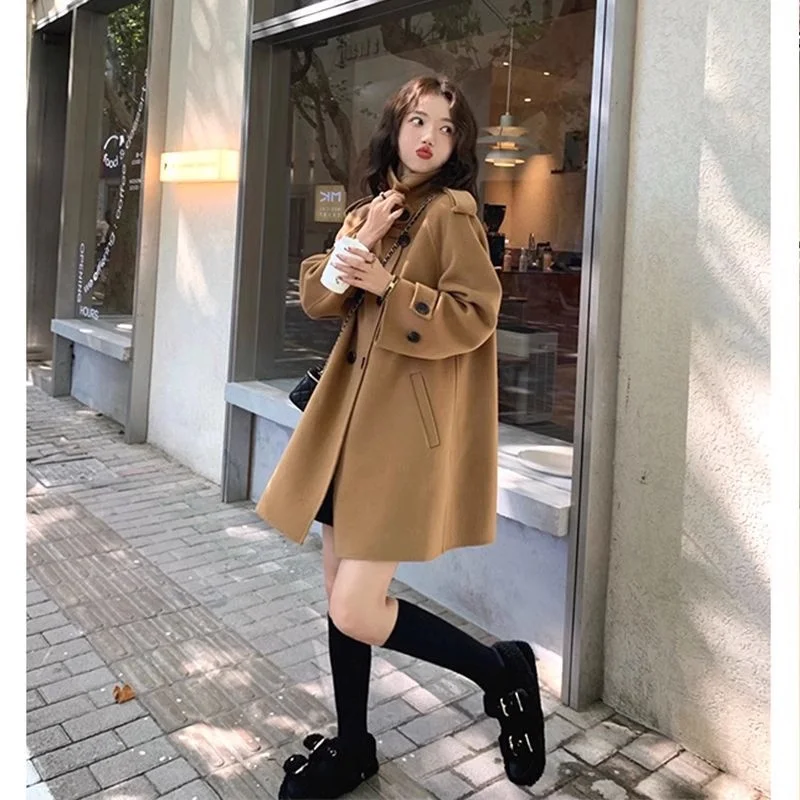 Woolen Coat Women's Autumn/Winter New Small Hepburn Style Mid length Double sided Cashmere Coat Women's Woolen Coat Commuting