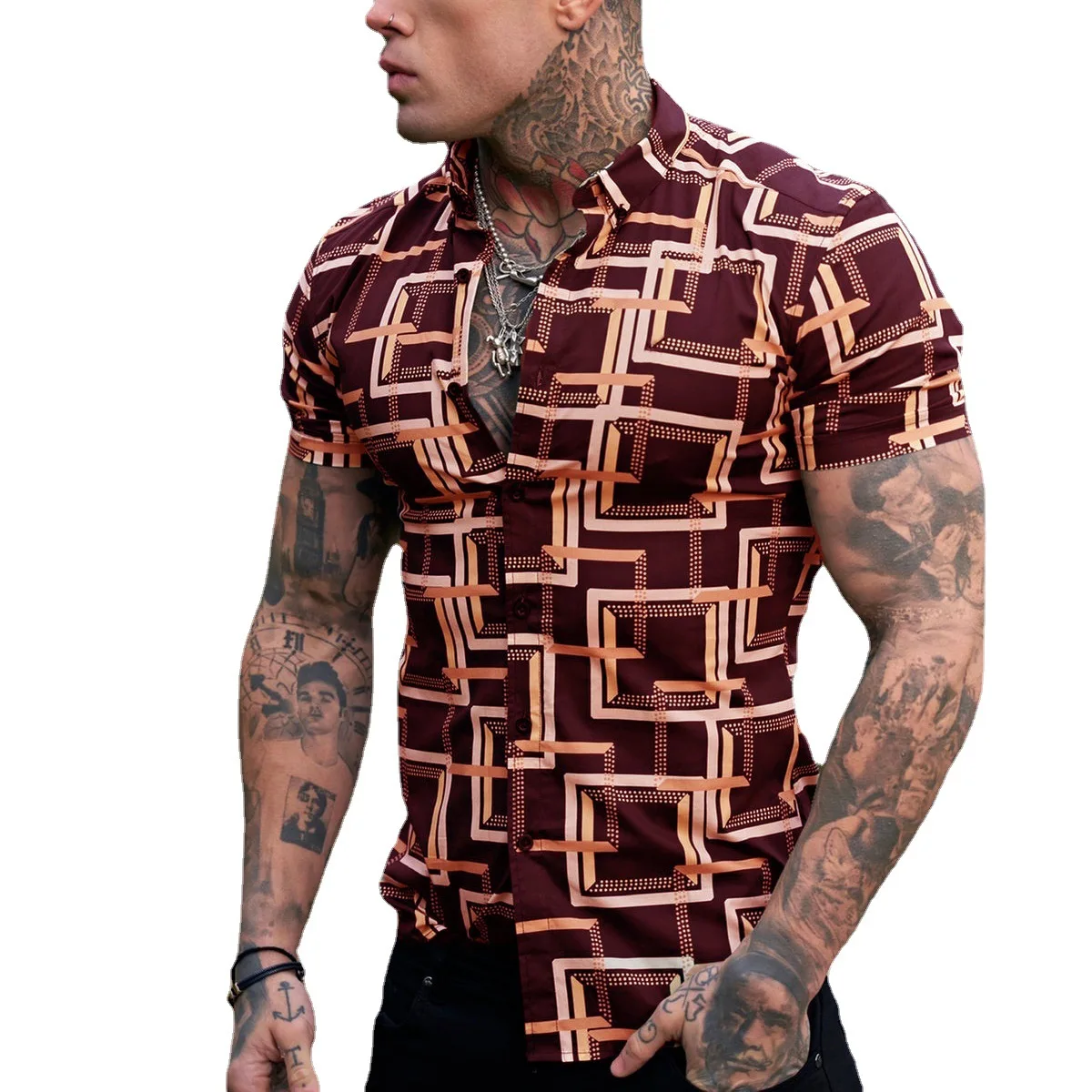 

European and American men's summer beach shirt casual fashion Hawaiian trendy shirt men's loose print shirts
