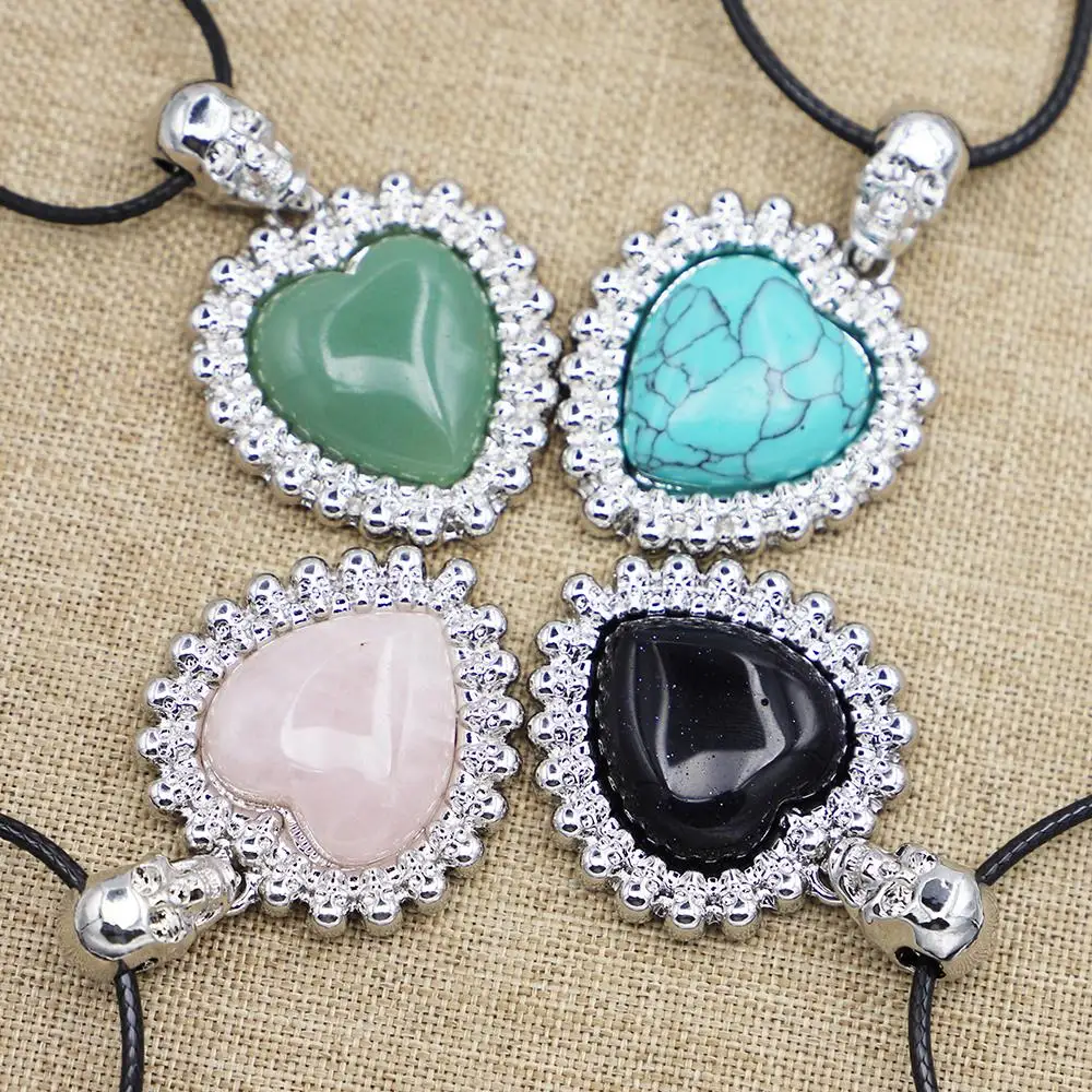 

Creative Natural Silver Heart-shaped Skull Set Multi-color Gem Leather Rope Pendant Necklace Trend Jewelry Accessories 6Pcs/ Lot