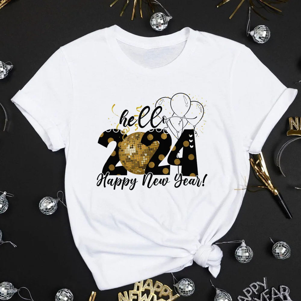 

Hello 2024 Print Women T-shirt Happy New Year Party Female Outfit Tops Winter New Year Short Sleeve T Shirt Girls Casual Clothes