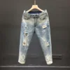 Men's Slim Fit Denim Jeans Tear Design Summer Thin Waed Small Foot 9 Points Pants Youth Casual Wear Middle Waist Zipper