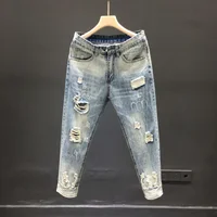 Men's Slim Fit Denim Jeans Tear Design Summer Thin Waed Small Foot 9 Points Pants Youth Casual Wear Middle Waist Zipper