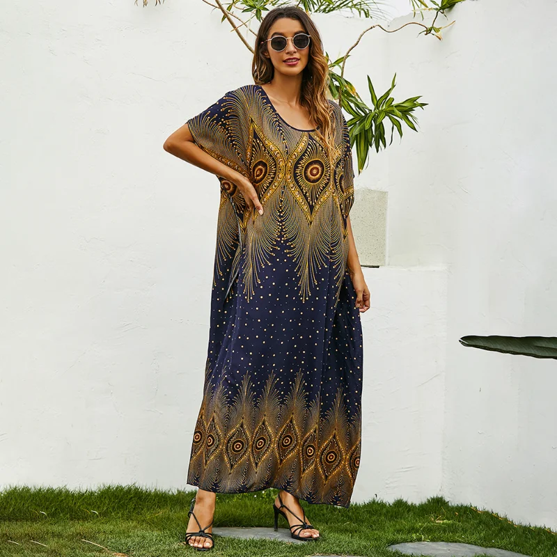 2023 New Middle East Muslim Abayat Loose Print Abaya Femme European and American Holiday Print Women's Long Dress Wholesale