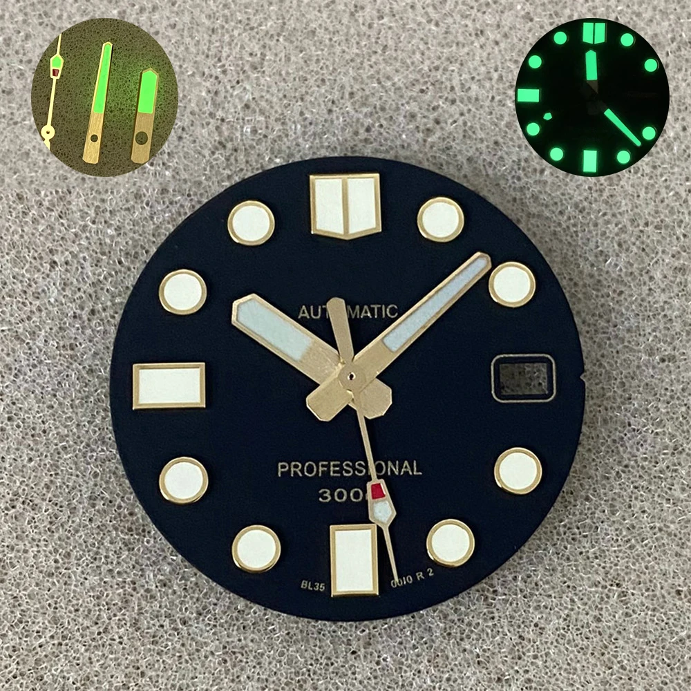 

New 28.5mm C3 Green Luminous Watch Dial Single Calendar Black Gold Nh35 Dial for NH35 4R36 Movement SKX007 Modified Watch Faces