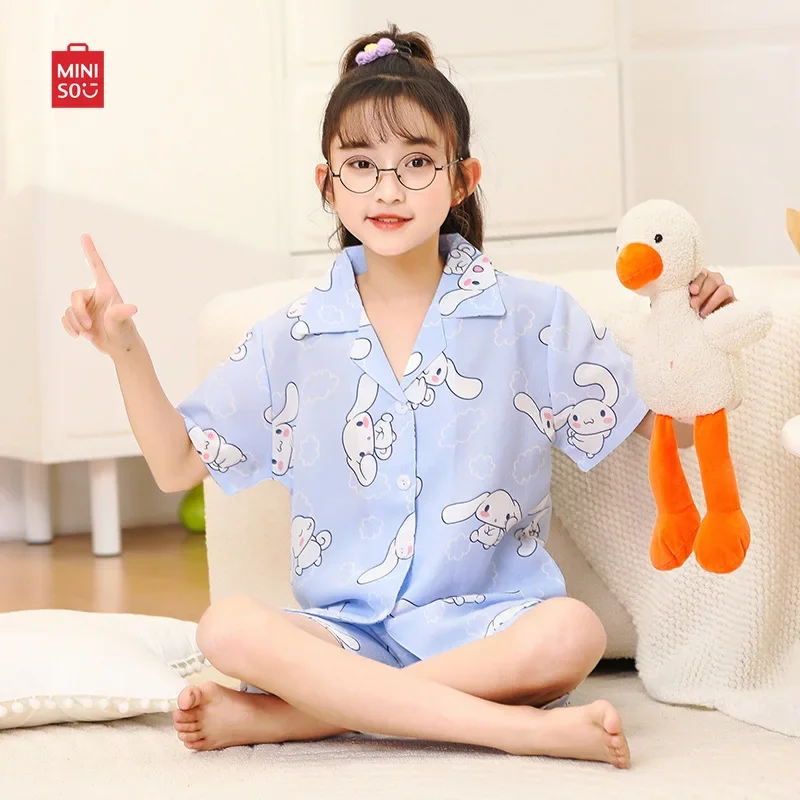미니소 시나모롤 쿠로미 마이 멜로디 어린이 잠옷 세트, 2024 여름 소녀 가디건, 반팔 잠옷, 귀여운 애니메이션 어린이 선물