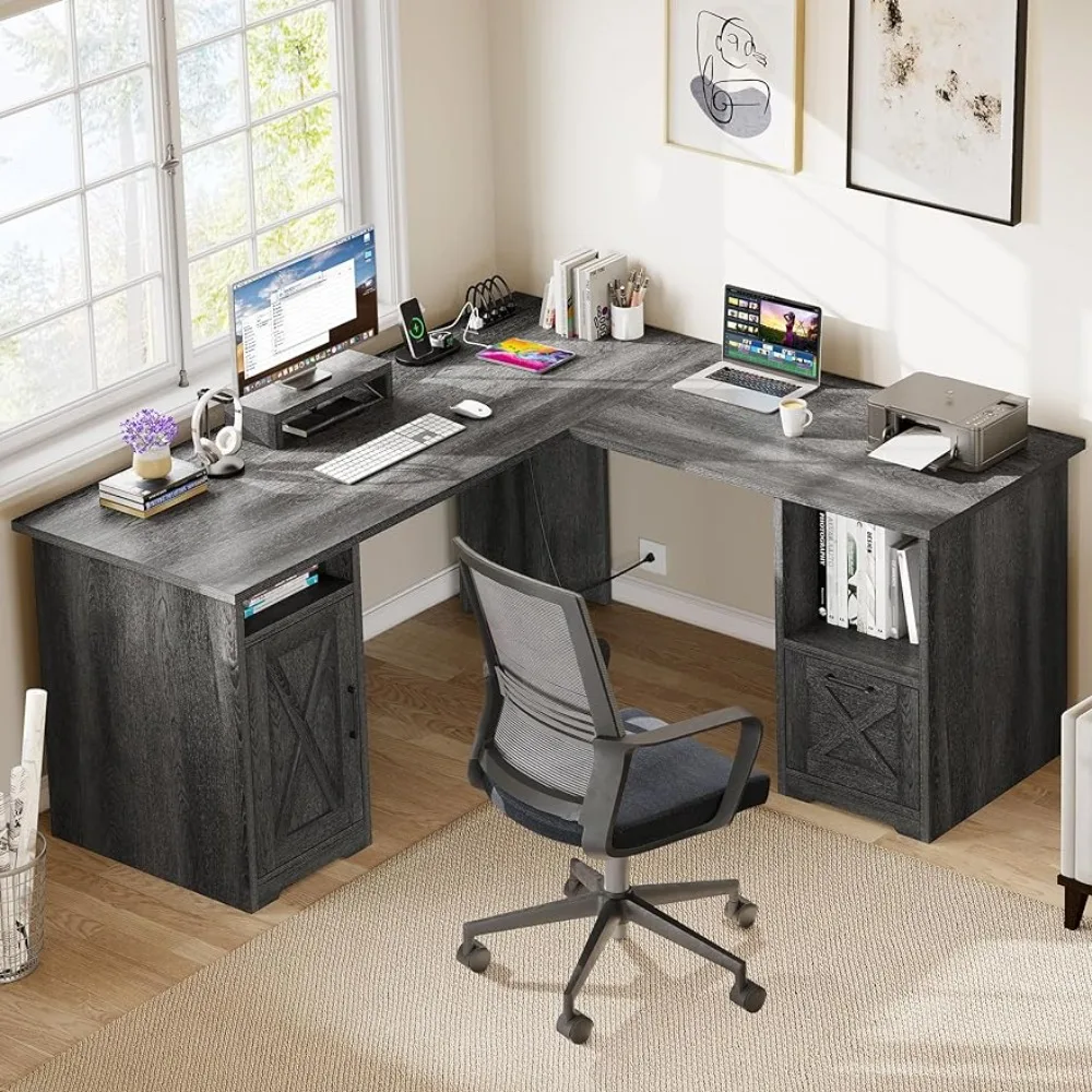 

L-shaped desk, 60" corner computer desk with power outlet, home desk with monitor stand, storage shelves and filing cabinets