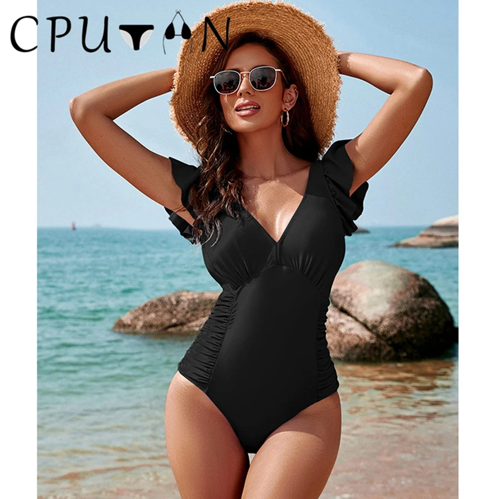 

Слитный женский купальник CPUTAN 2024, винтажный синий купальник с рюшами и контролем живота, купальный костюм с рюшами, монокини, боди, пляжная одежда