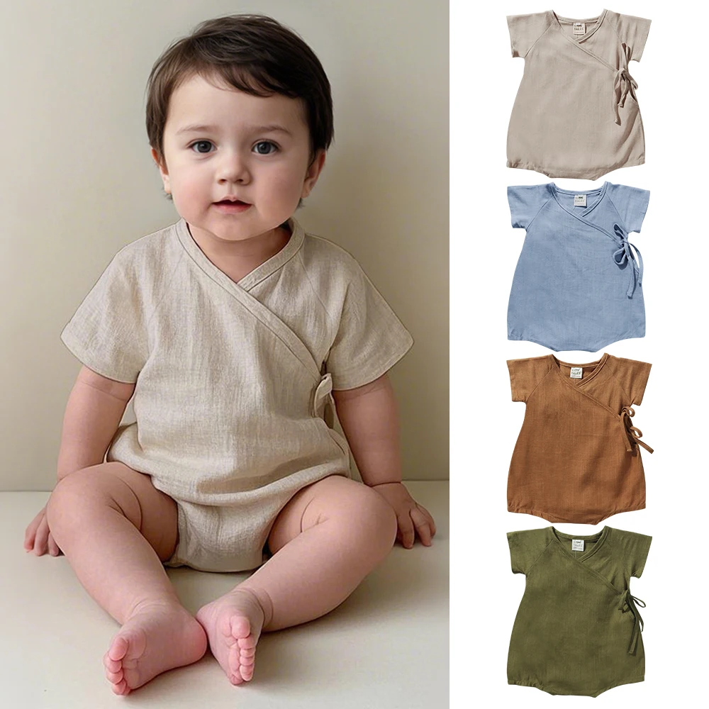 2026 Summer Newborn Baby Romper Infant Unisex Linen Cotton Short Sleeve Clothes Toddler Boys Girls Jumpsuit Belt Design Rompers 1