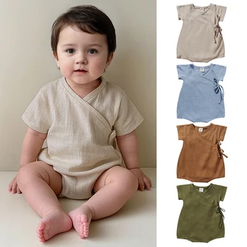 2026 Summer Newborn Baby Romper Infant Unisex Linen Cotton Short Sleeve Clothes Toddler Boys Girls Jumpsuit Belt Design Rompers