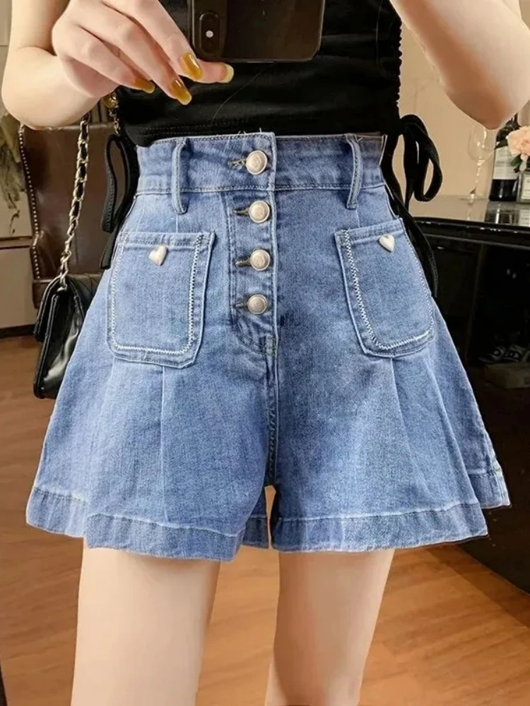 Single-Breasted Denim Shorts Women 2024 Summer New Korean High Waist Thin Loose Wide Leg A-Line Hot Pants Streetwear Jeans Short