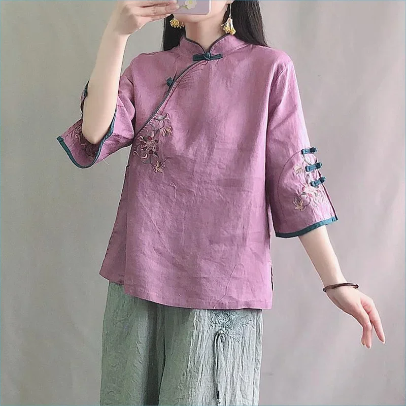 Multicolor Seven Quarter Ladies' Cotton Linen Shirt Blouse Chinese Traditional Women's Formal Top Ttang Costume Hanfu E920