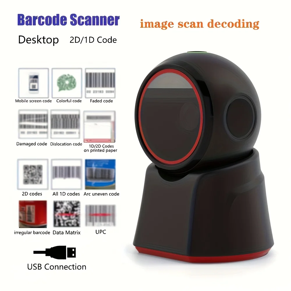 2D Barcode Scanner Desktop Omnidirectional Automatic 1D 2D QR code Data Matrix PDF417 Bar code Reader Usb for Retail Supermarket 1