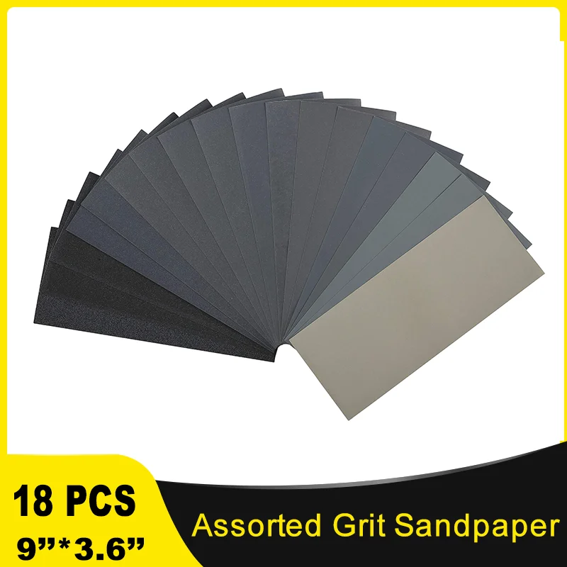 18pcs Sandpaper Assorted Grit 9''*3'' Assortment Sand Paper For Metal Wood Automotive Sanding