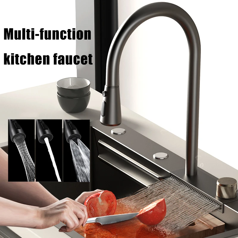 304 Stainless Steel Kitchen Sink With Waterfall Faucet Single Bowl Basin Workstation Topmount Sink With Accessories