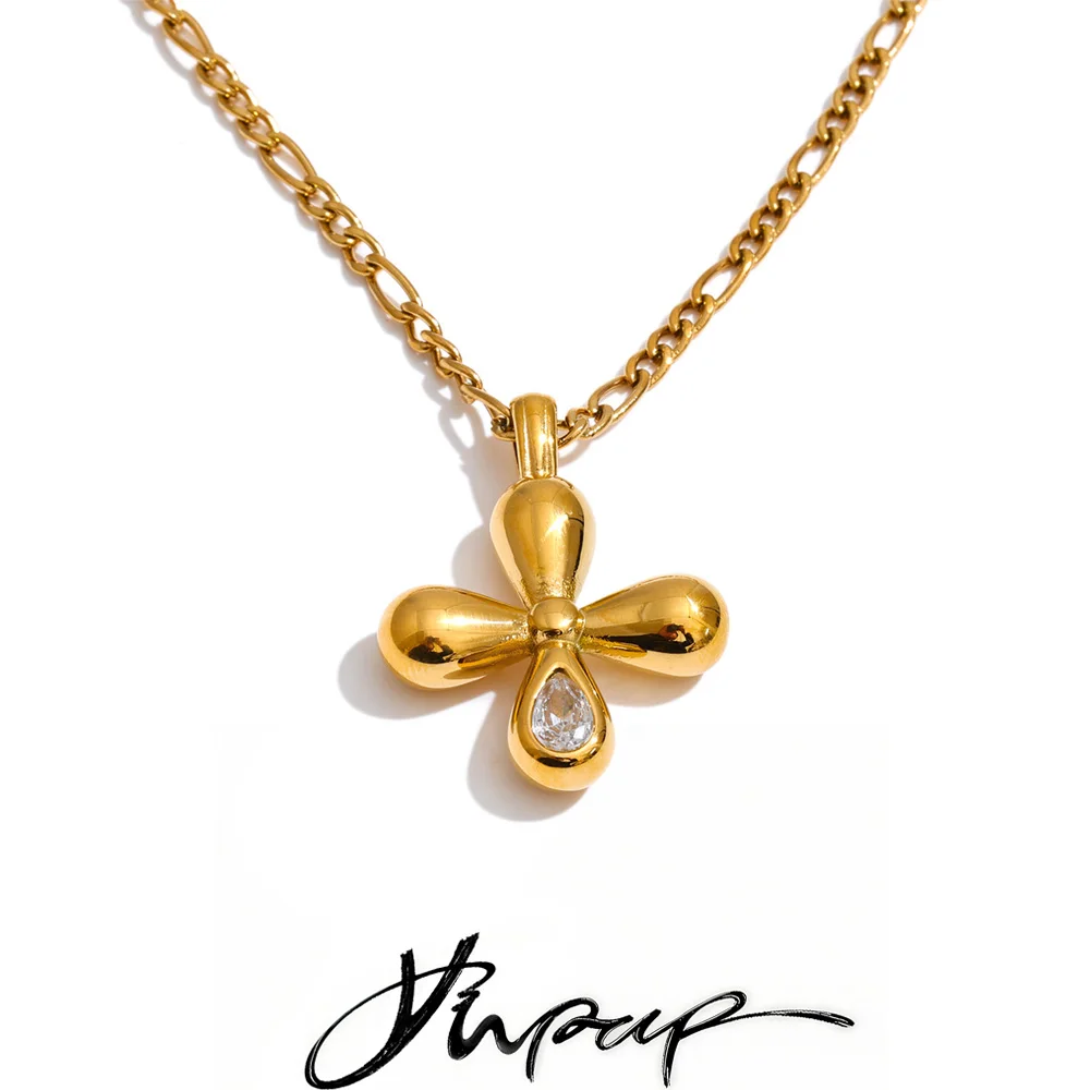 Yhpup Stainless Steel Zirconia Pendant Necklace 18K Gold Color PVD Plated