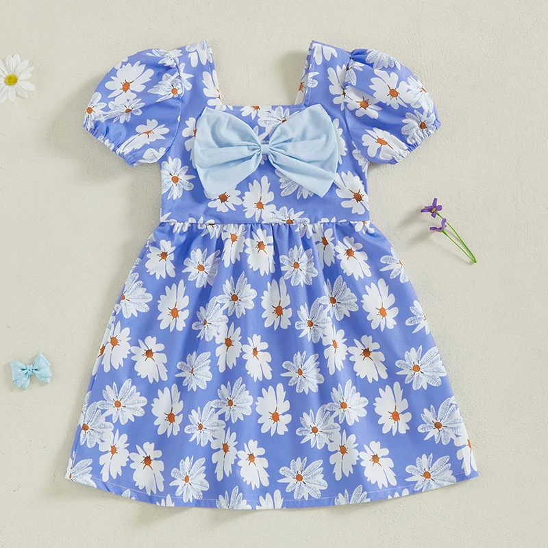 Girls Sleeveless Floral Print Square Neck Bow Summer Dress Kids Casual Clothes for Parties and Special Occasions 3