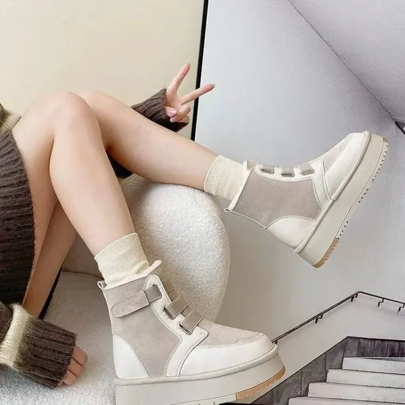 Autuspin Winter Snow Boots Women Genuine Suede Leather Leisure Shoes Outdoor Basic Keep Warm Wool Ankle Boots Woman Size 35-40