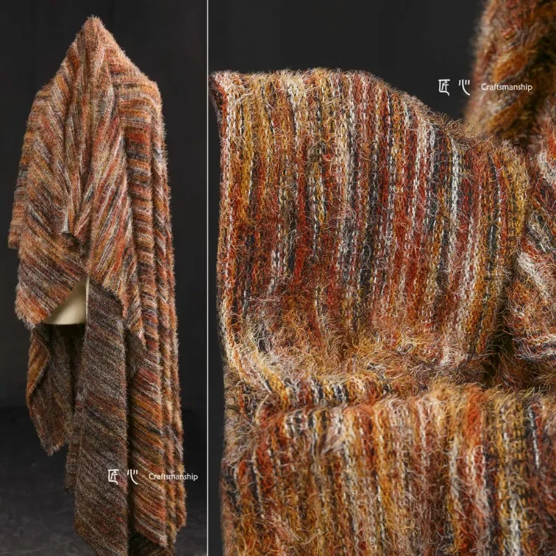 Orange Mixed Color Long Hair Vertical Pattern Stretch Knitted Colorful Woven Handmade Dress Cardigan Clothing Fabric