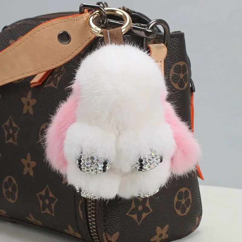 Cute Long Ear Bunny Keychain Real Mink Fur Rabbit Doll Pendant Toys Keyring Handbag Charm Ornament Pompom Plush Jewelry Gifts