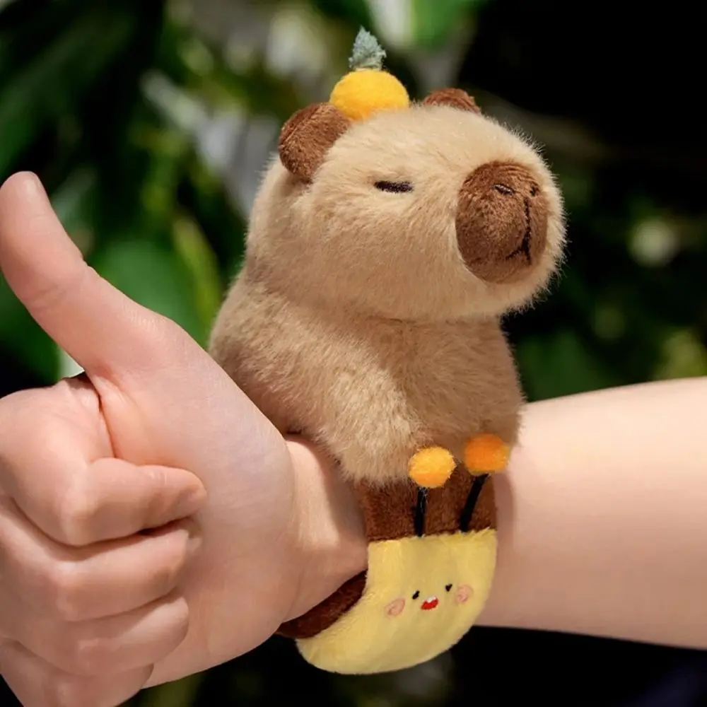 With Orange Capybara Plush Slap Bracelet Wristband Clap Circle Toy Capybara Slap Snap Doll Toy Fluffy Stuffed Animals