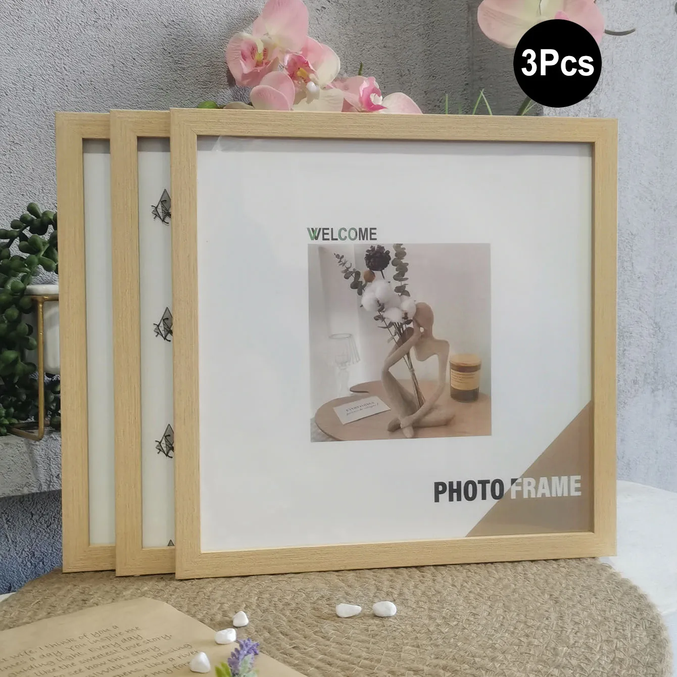 Set of 3 Elegant Square Wood Photo Frames for Wall or Desktop Decor