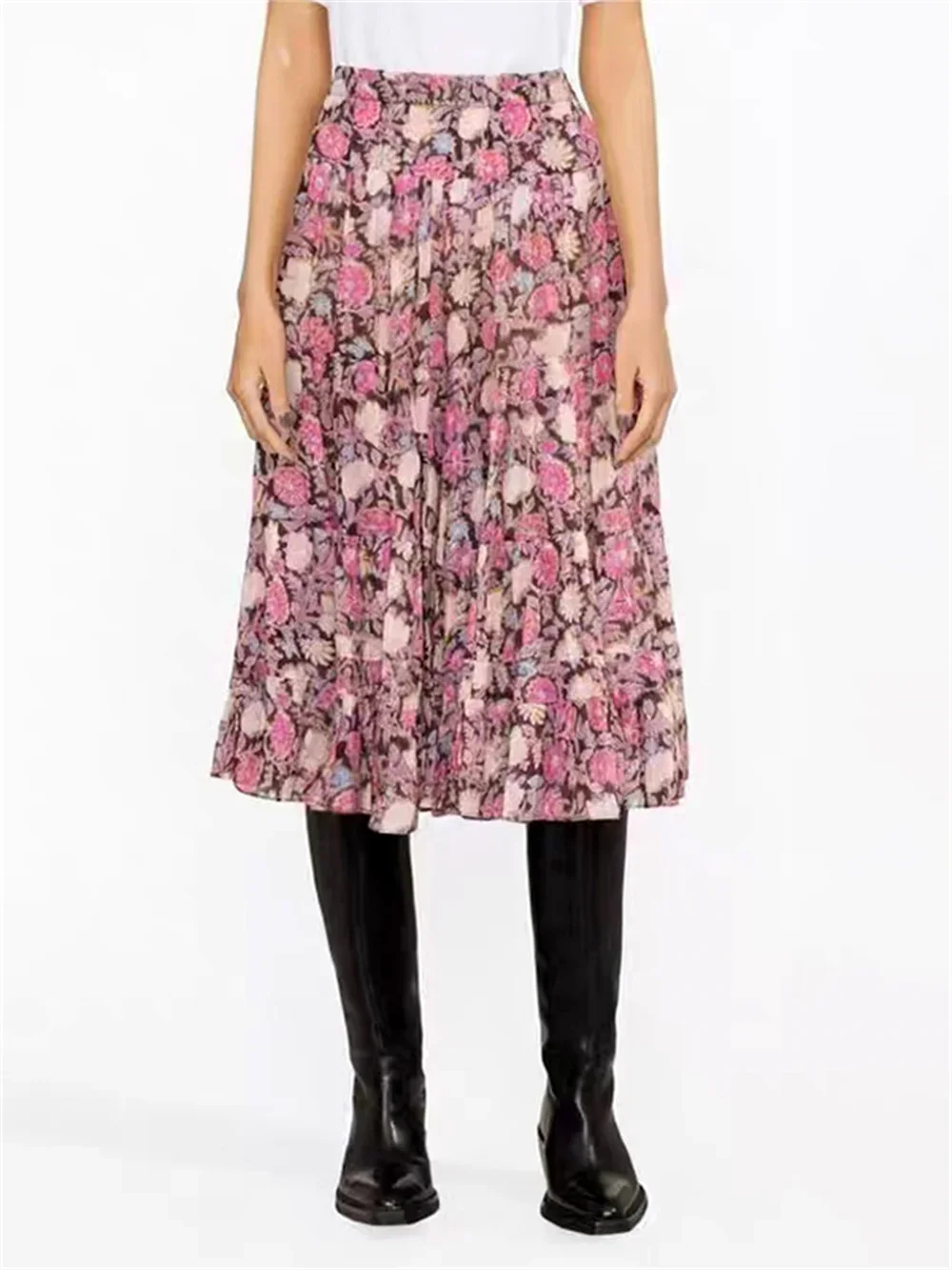 

Women's Skirt 2023 New Spring Floral Printing Elastic Waist Pleated All-match Slim Vintage Midi Jupe