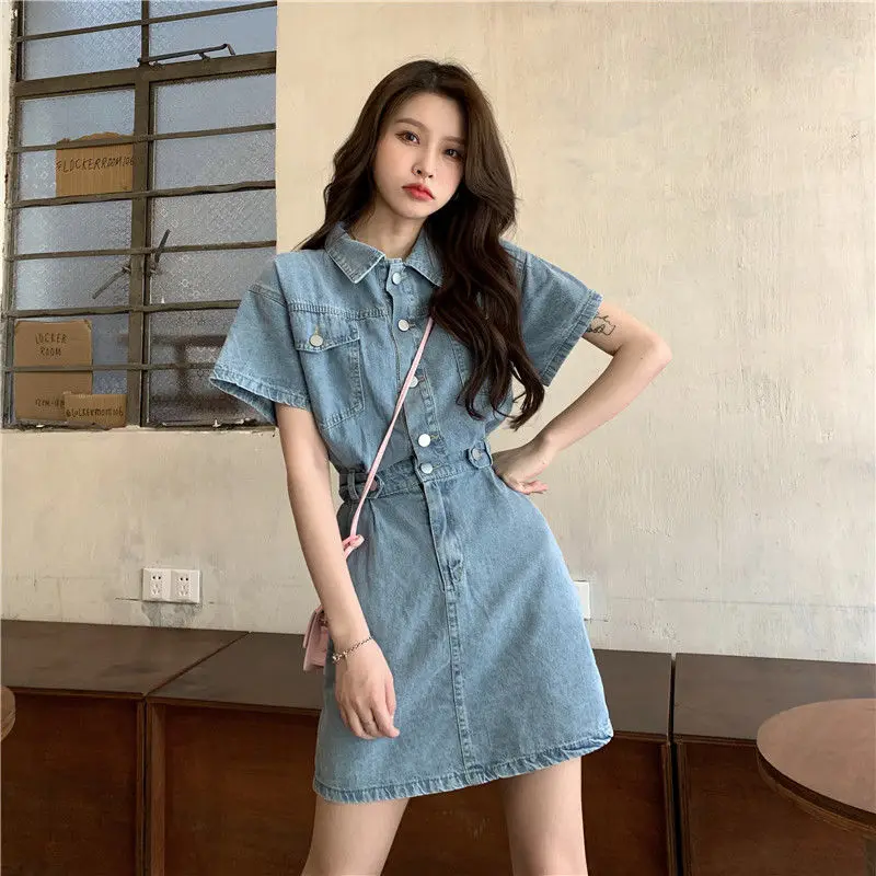 Solide POLO Kragen Hohe Taille Taste Kurzarm Denim Kleid Elegante Mode Harajuku Weibliche Kleidung Casual Alle Spiel Kleider – Detail 5