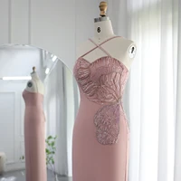 Arabic Crisscross Straps Pink Evening Dress 2024 Luxury Butterfly Beaded Slit Dubai Women Wedding Party Gowns 476 1