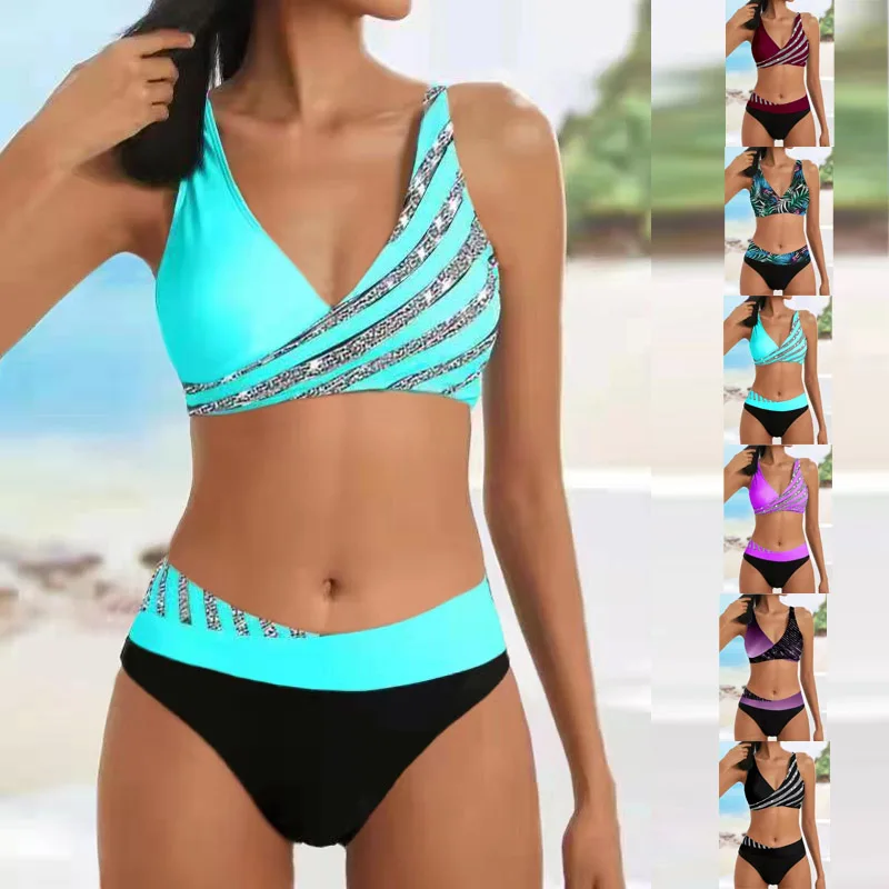 Bikini Swimsuit New Summer Beach Women's Bikini Two Piece Swimsuit Shining Diagonal Rod Print Holiday Lace Up Beach Swimsuit S-5XL
