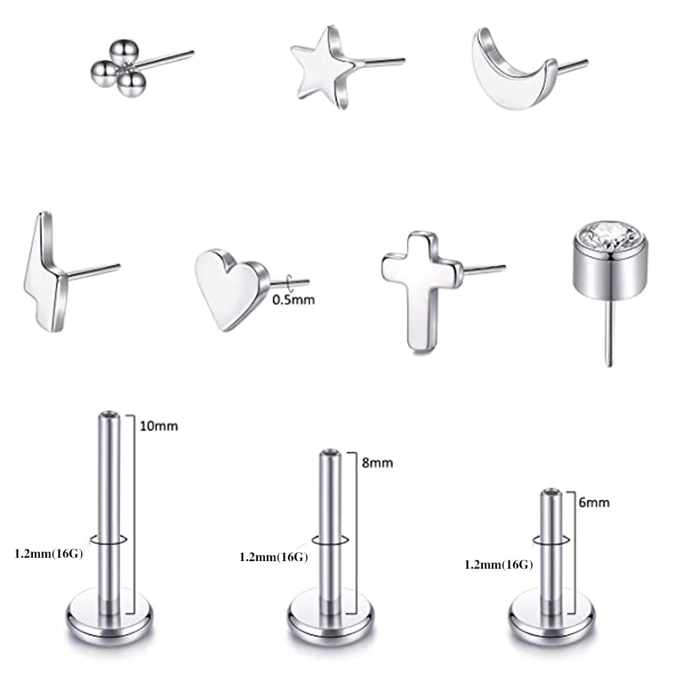 Piercing Jewelry G23 Titanium Threadless Labret Studs 16G Push Pin Cartilage Helix Tragus Earrings For Women Lip Stud Earrings