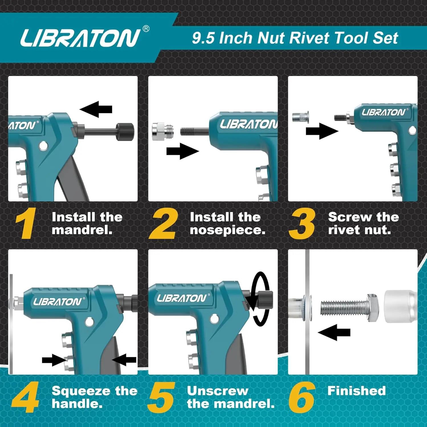 LIBRATON Rivet Nut Gun Kit, 9.5 Inch One-Handed Nut Rivet Gun with 80PCS Threaded Nuts Metric M3-M6 & SAE 6-32" to 1/4-20"