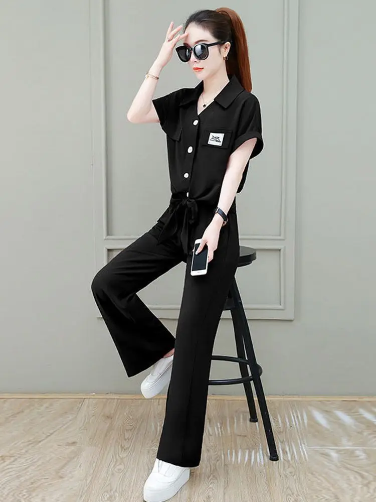 Leisure Set Women's Summer Thin 2024 New Fashionable and Fashionable Ice Silk Wide Leg Pants Age Reducing Two Piece Set