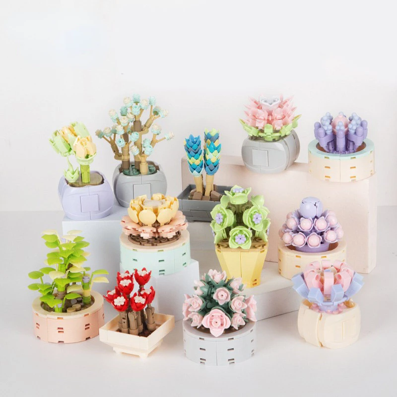 1237pcs bouquet building block model girl home decoration plant flower diy hand assembled bricks toys valentine day gift no box Meat Building Blocks J Potted Plant Assembly Flower Bundle Creative Decoration Valentine's Day Gift Children DIY Brick Toys