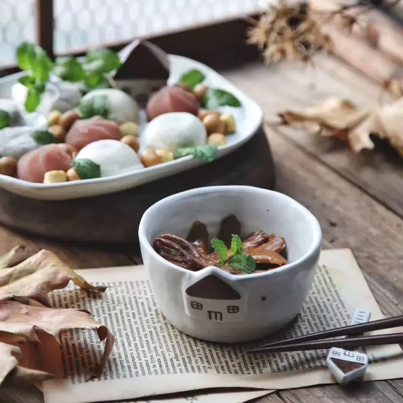 Jingdezhen original coarse pottery small house ceramic tableware household bowl dessert plate spoon Japanese creative housewarmi