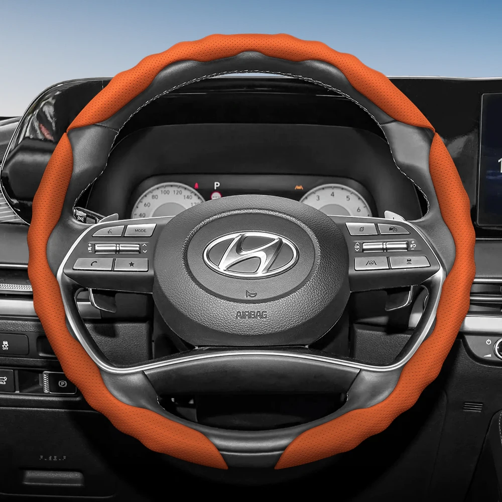 Steering Wheel Cover with Wavy Sports Design - Breathable Leather, Segmented Anti-Slip, Sweat-Absorbing Protective Cover