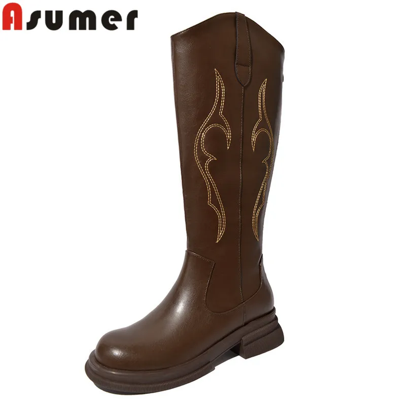 

ASUMER 2024 New Popular Female Zipper Winter Boots Genuine Leather Platform Knee High Boots Embroider Square Med Heels Boots