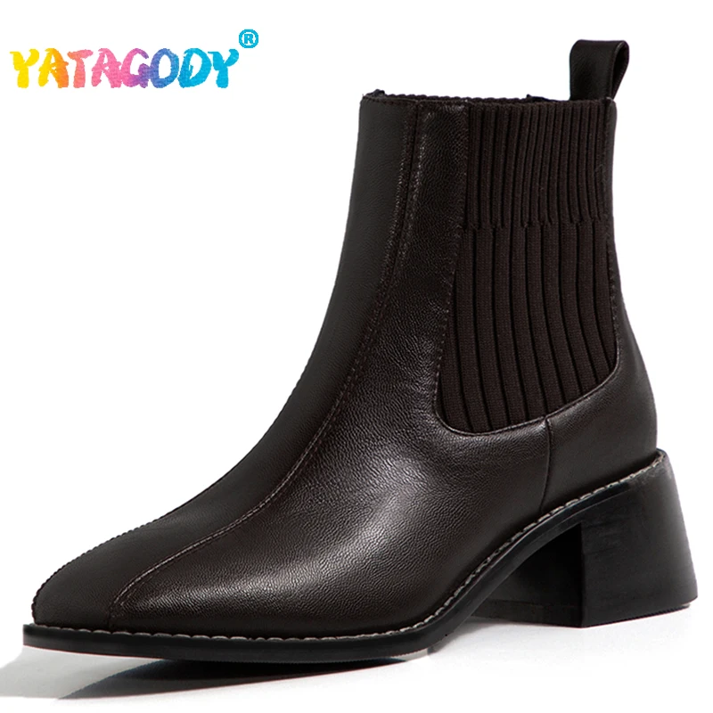 

YATAGODY Size 31-43 Ankle Boots For Women Winter 2023 Chunky High Heels Shoes Woman Elastic Band Casual Office Stretch Boot