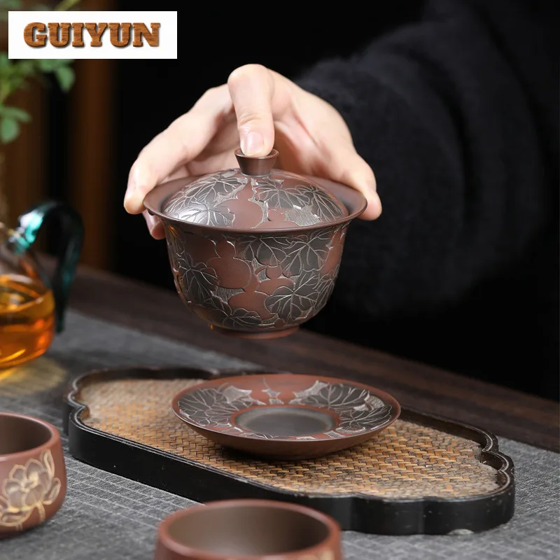 150ml Authentic Qinzhou Nixing Pottery Gaiwan Master Handmade Carved Gourd Tea Tureen Tea Maker Cover Bowl Teaware Collection