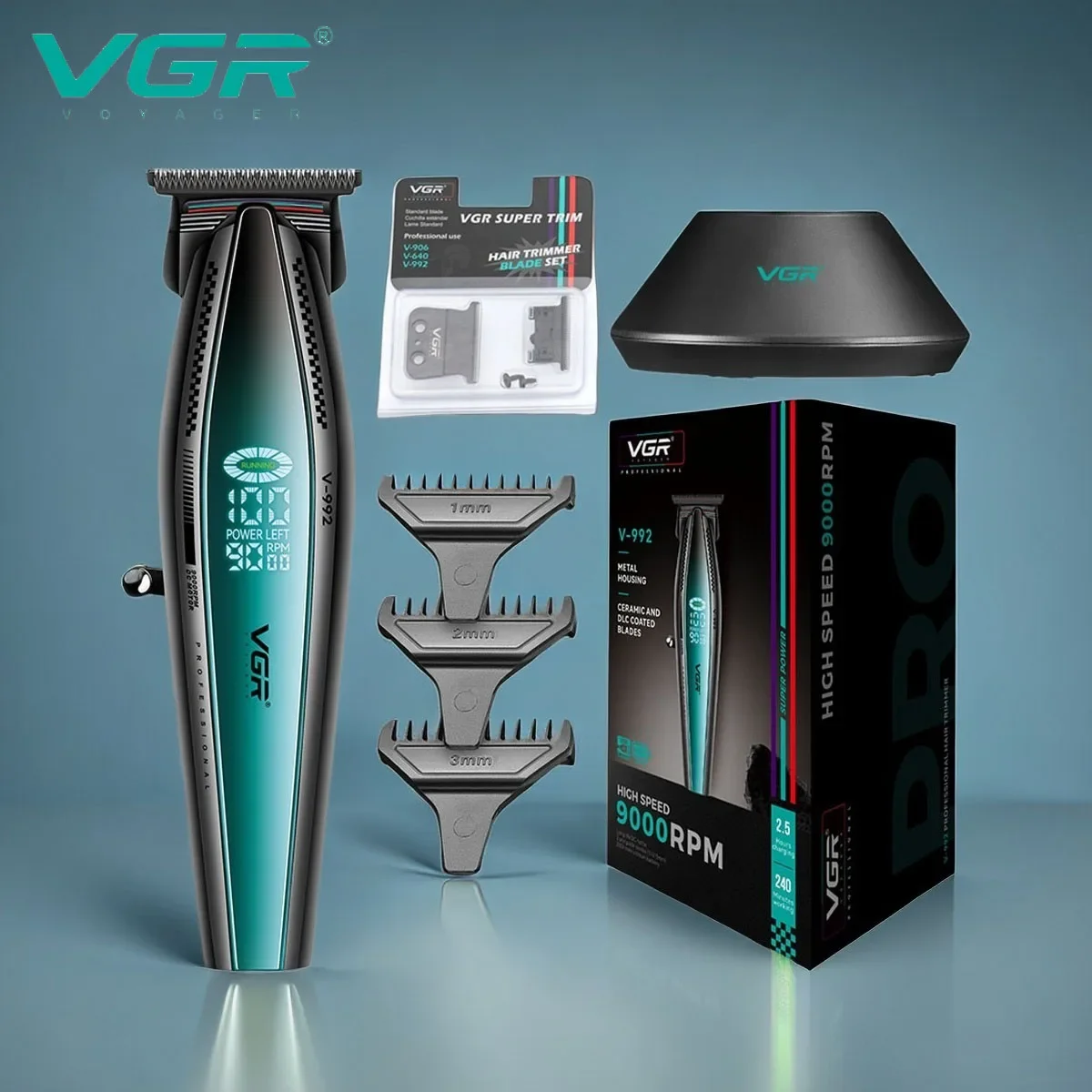 VGR Professional Hair Trimmer Barber Hair Cutting Machine Rechargeable Clippers 9000 RPM LED Display Trimmer for Men V-992